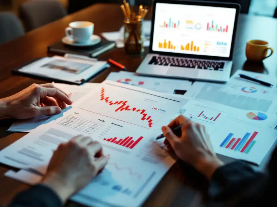 Marketing professional analyzing declining email campaign reports with red downward trending graphs on conference table.