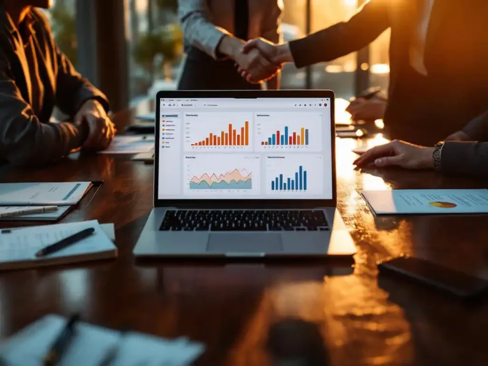 Marketing consultant showing email analytics on laptop to satisfied business clients during handshake meeting at conference table.