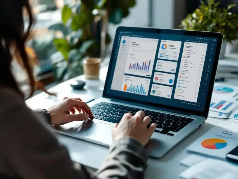 Businesswoman typing on laptop with email marketing analytics dashboards, smartphone, and performance reports on desk