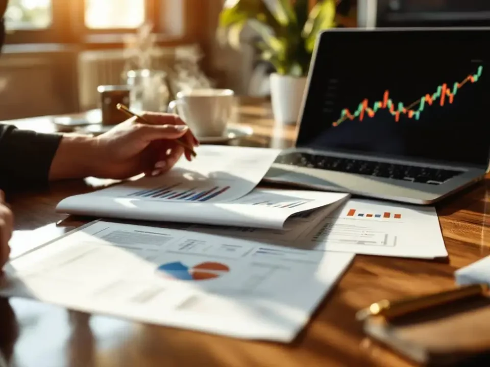 Professional businesswoman reviewing email marketing proposal documents at conference table with laptop and analytics graphs