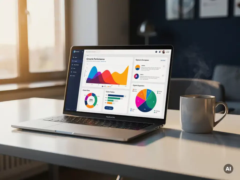 Laptop displaying colorful email performance dashboard with open-rate graphs on a modern desk beside a ceramic coffee mug in soft morning light.