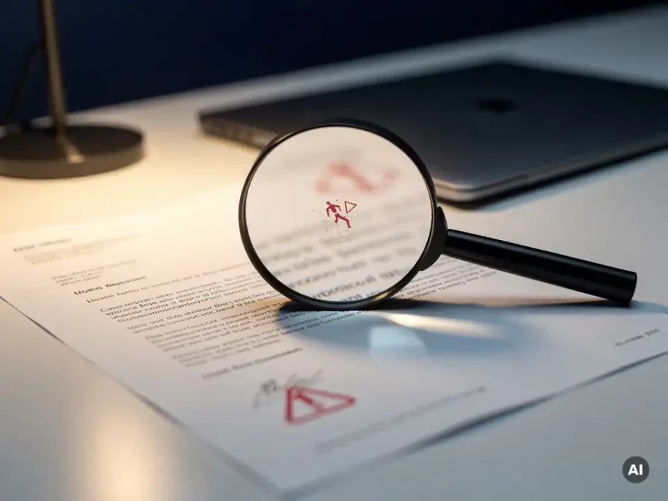 Magnifying glass over a printed email revealing red warning indicators, with a blurred laptop in the background on a modern desk.