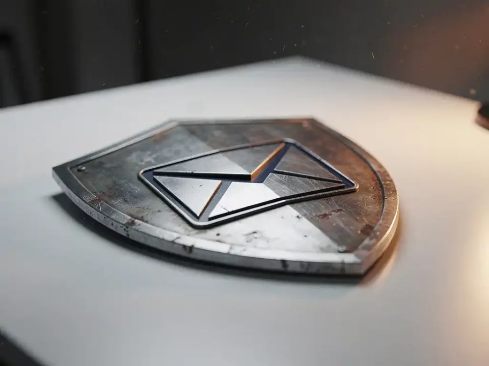 Weathered metal shield embossed with an envelope seal on a white desk, lit by warm amber light in silver and navy tones.