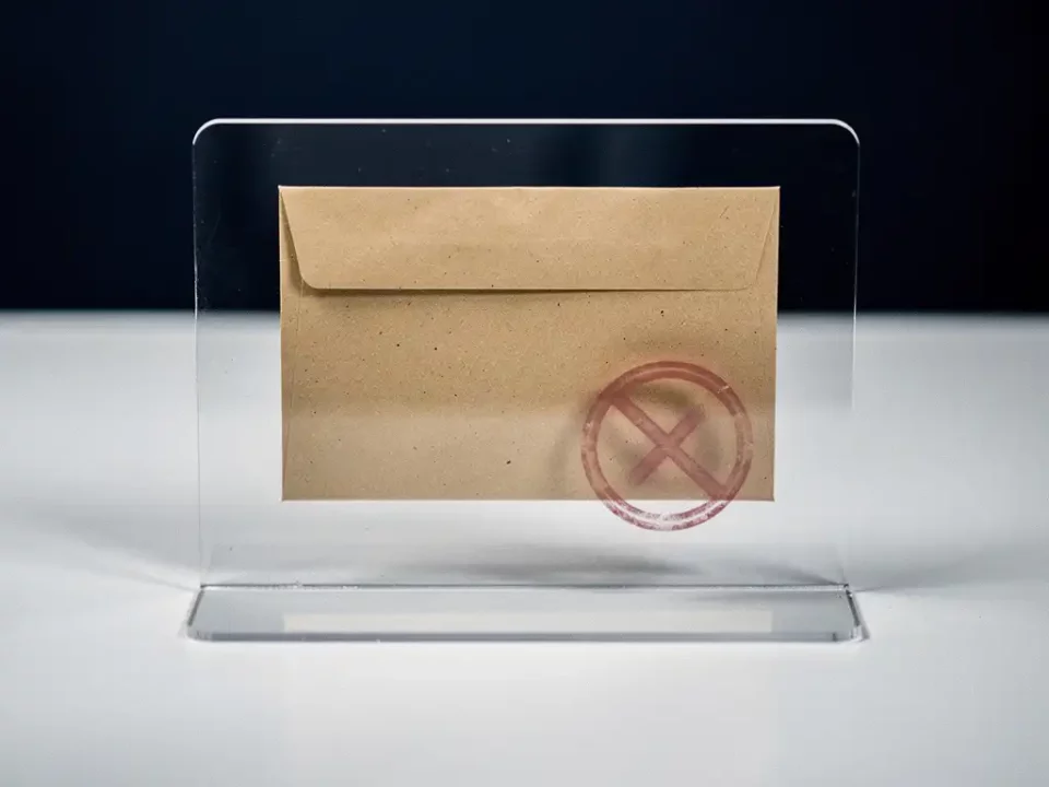 Sealed envelope behind a transparent security shield on a white desk, red rejection stamp blocked outside the barrier.