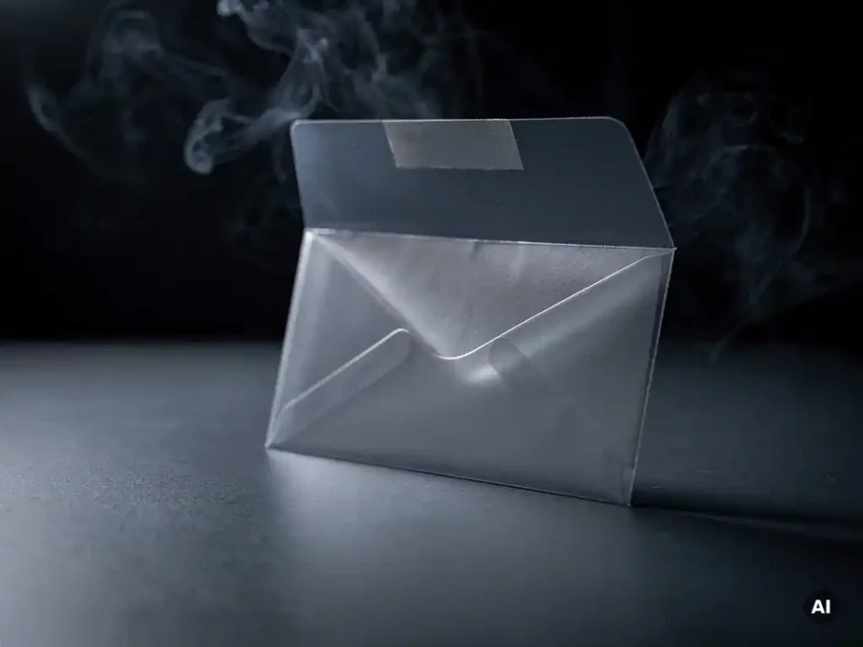 Empty translucent envelope on a dark desk with wisps of smoke dissolving into shadows under dramatic side lighting.