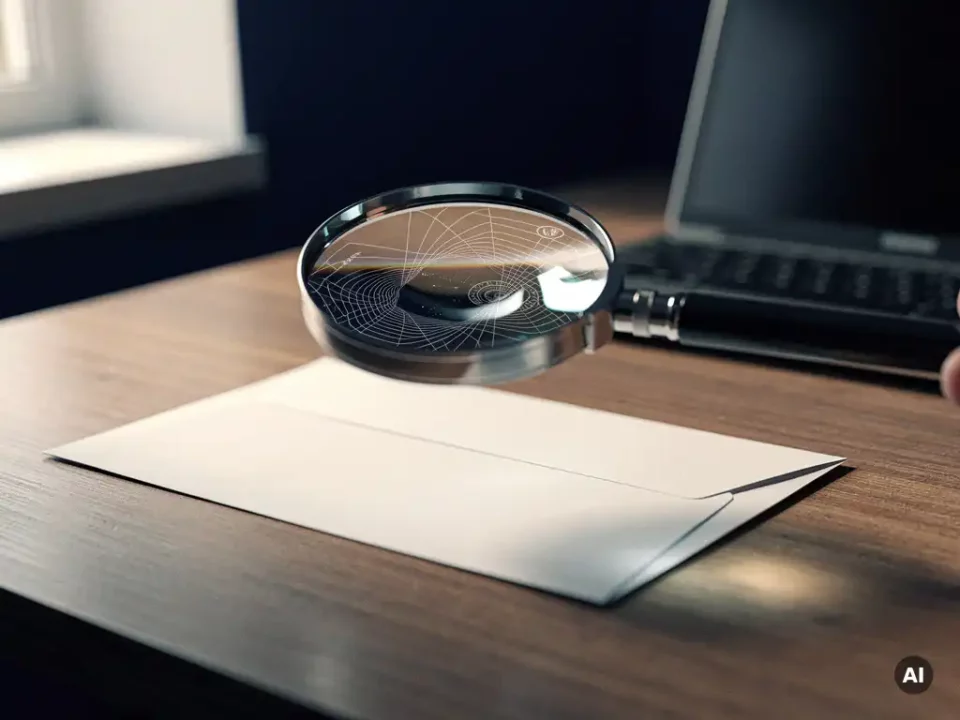 Magnifying glass over a printed envelope revealing authentication stamps and watermarks, with a blurred laptop in the background.