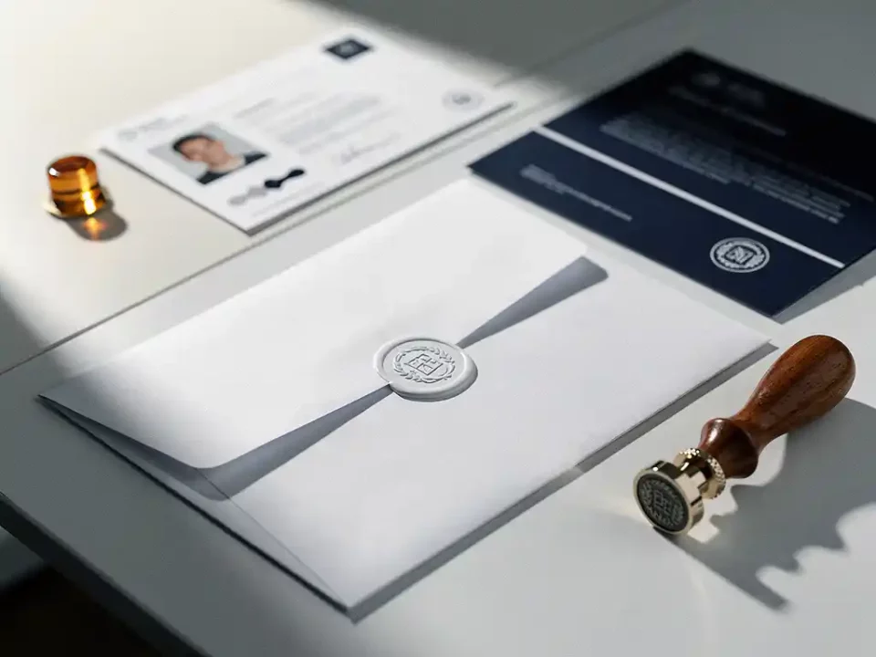 White envelope with embossed logo seal on a modern desk beside identification documents and a wax seal tool.
