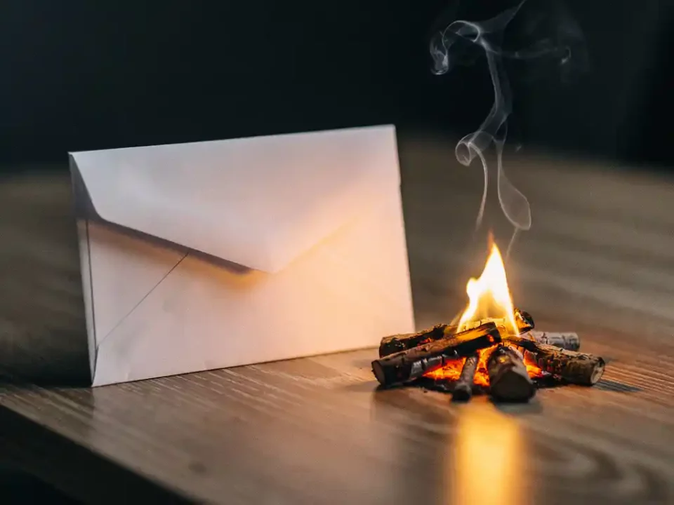 White envelope beside a small glowing campfire on a wooden desk, warmed by amber flames with soft smoke curling upward.