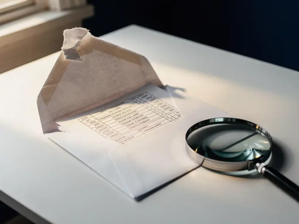 Torn open envelope on a white desk revealing a folded data document, with a magnifying glass catching warm amber light.