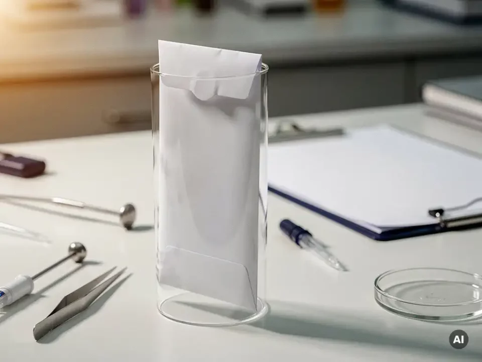 White envelope sealed inside an upright glass test tube on a lab bench with scientific instruments, clipboard, and soft amber lighting.