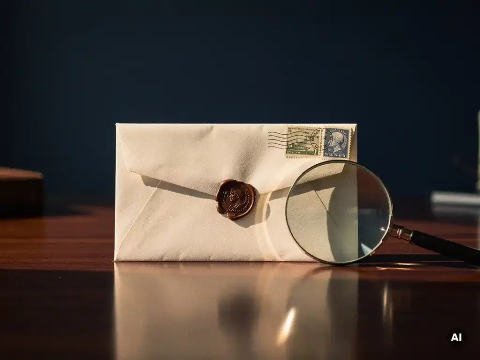Sealed envelope with wax seal and postal stamps on a dark desk, magnifying glass casting sharp shadow under warm amber lighting.