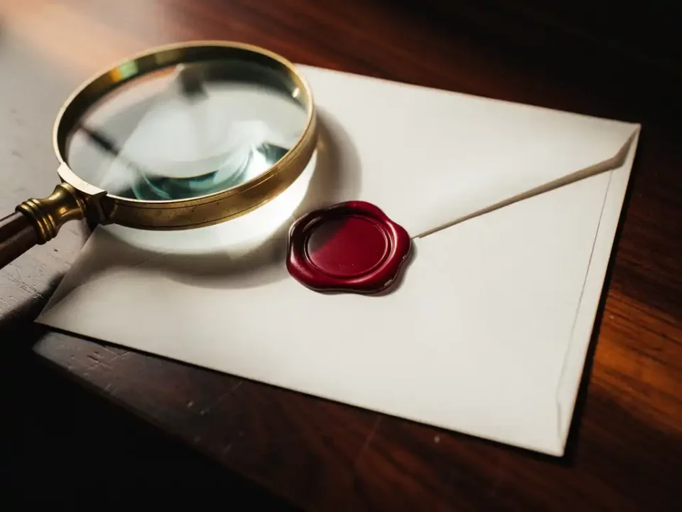 White envelope sealed with wax stamp on polished wood, magnifying glass leaning against it under warm golden side lighting.