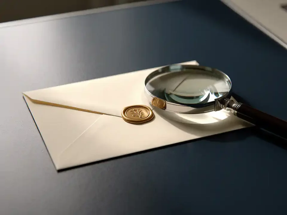 Sealed envelope with gold wax verification seal on a modern desk, magnifying glass leaning against it for inspection, navy and ivory tones.
