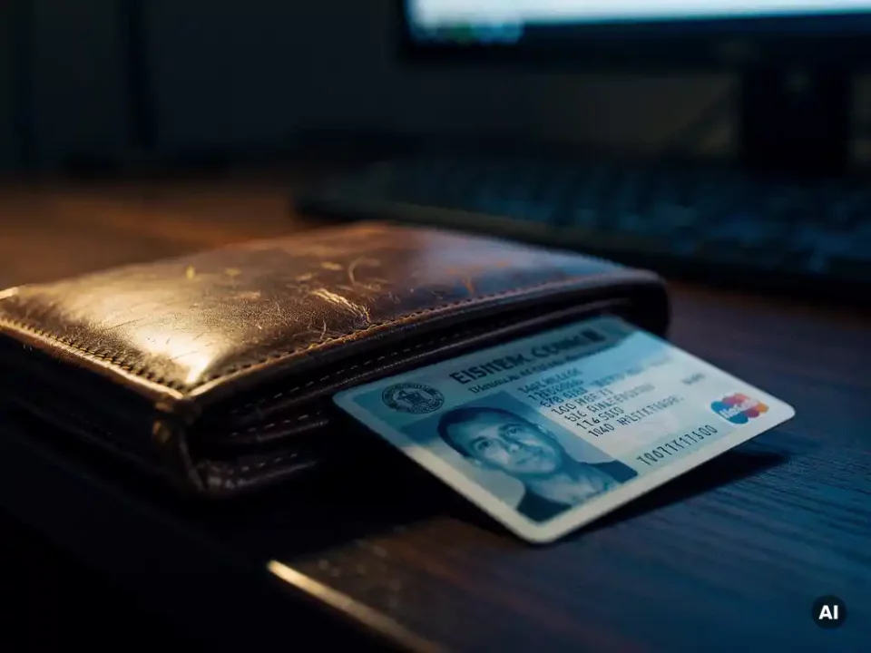 Worn open leather wallet on dark desk with fake and real ID cards slipping out, lit by cold blue monitor light.