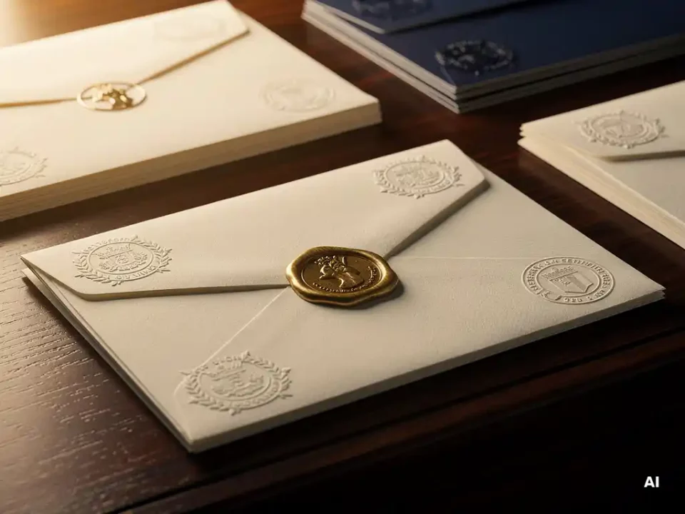Gold wax seal pressed on creamy envelope atop mahogany desk, surrounded by certified letters with embossed stamps in warm amber light.
