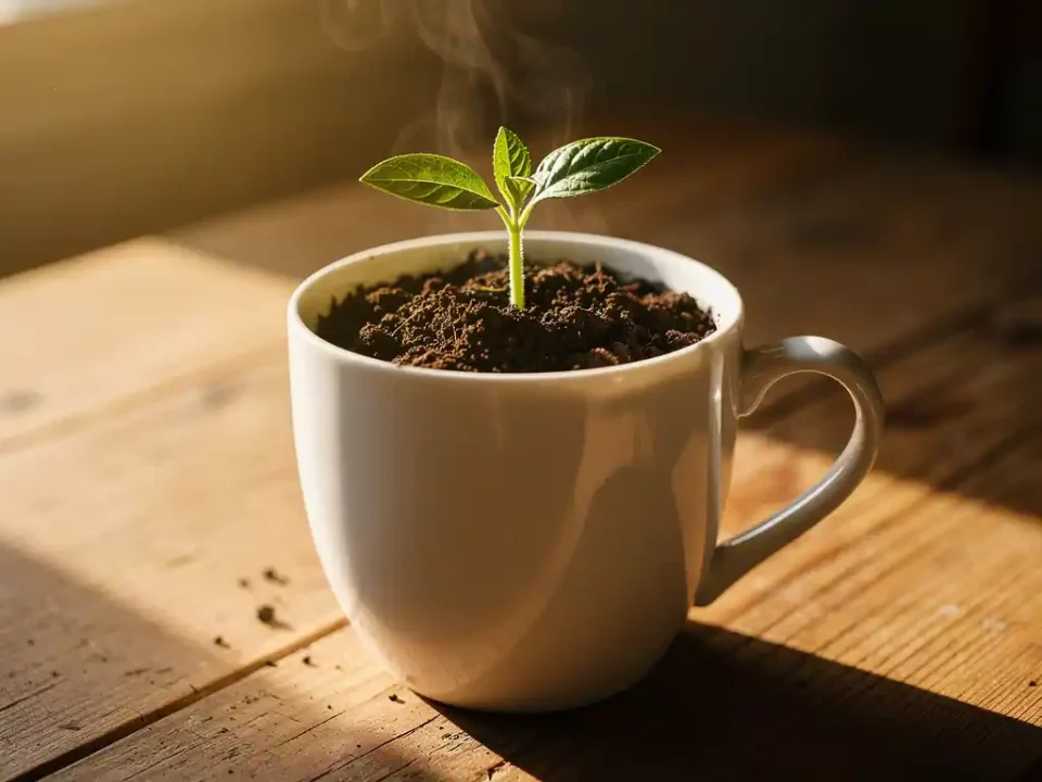 Green seedling sprouting from dark soil inside a white ceramic mug on a wooden desk, bathed in warm golden morning light.