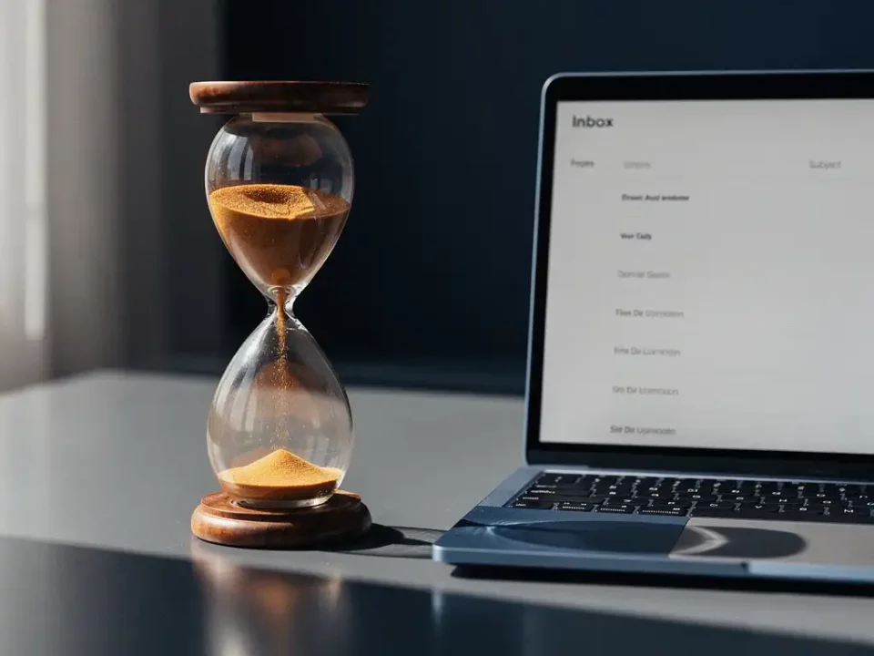 Vintage hourglass with amber sand beside an open laptop showing an email inbox, soft natural light on a modern desk.