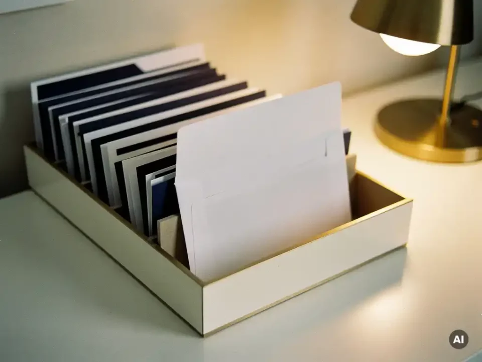 Organized inbox tray with fanned envelopes and an open letter on a modern desk, lit by a warm amber lamp.