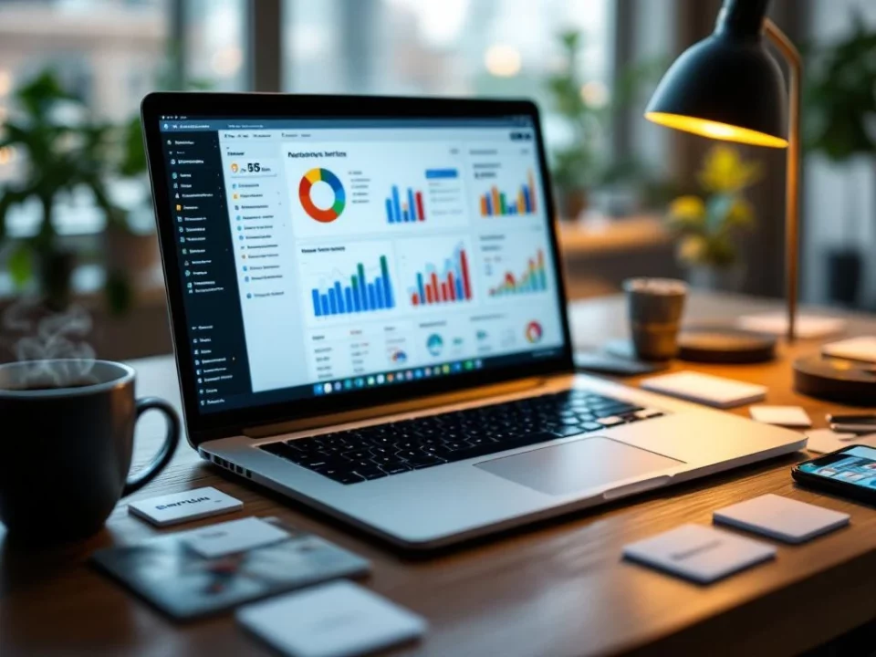 Laptop displaying colorful analytics dashboard on wooden desk with coffee cup, smartphone, and business marketing materials