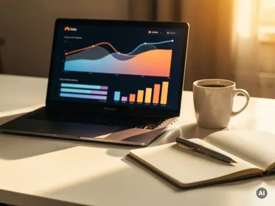 Laptop displaying colorful analytics dashboard with graph curves and bar charts beside a coffee mug and open notebook on a sunlit white desk.