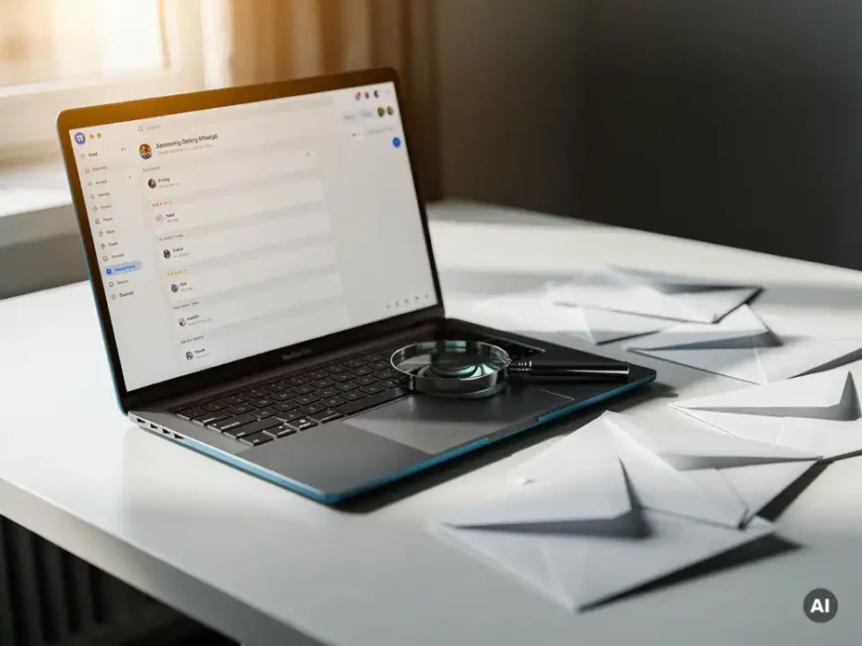 Laptop on a white desk displaying an open email inbox, surrounded by fanned white envelopes and a magnifying glass in soft natural light.