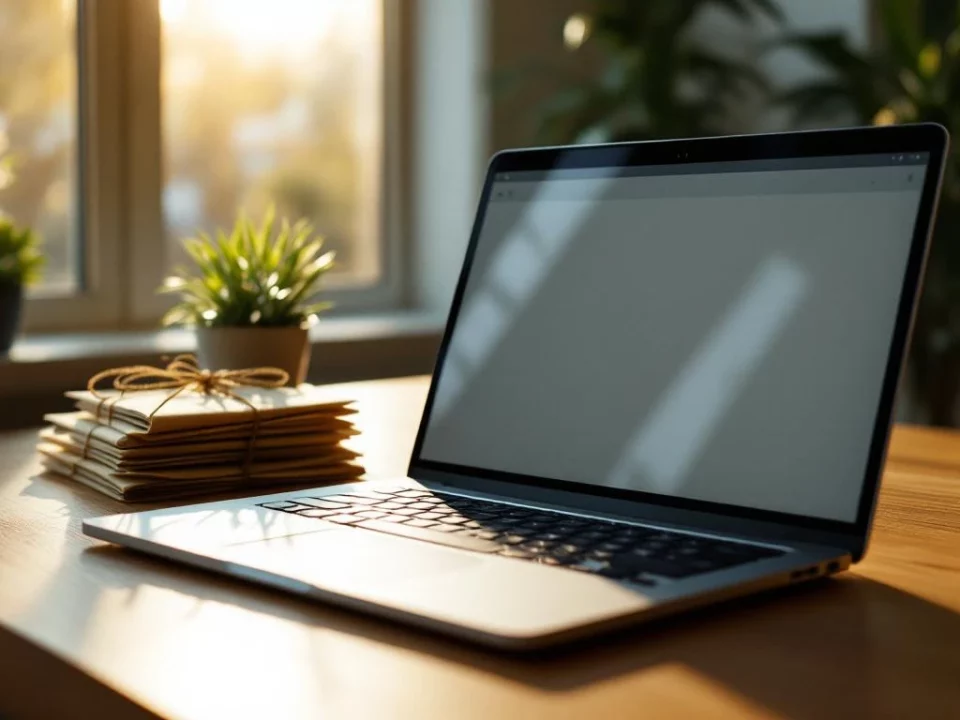 Laptop displaying email inbox on wooden desk next to stack of paper letters, with plant and warm sunlight from window.
