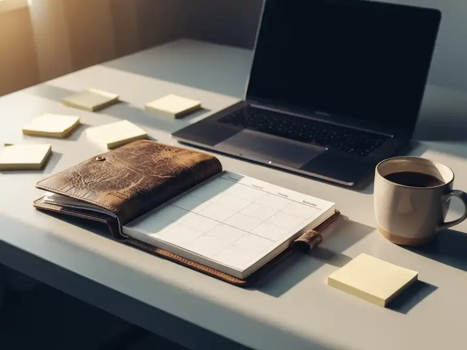 Worn leather desk calendar with marked timeline beside sticky notes, laptop showing empty inbox, and coffee mug in warm morning light.