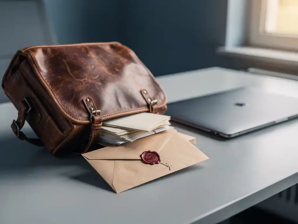 Worn leather mail satchel spilling envelopes onto a modern desk beside a laptop, one envelope bearing a faded red wax seal.