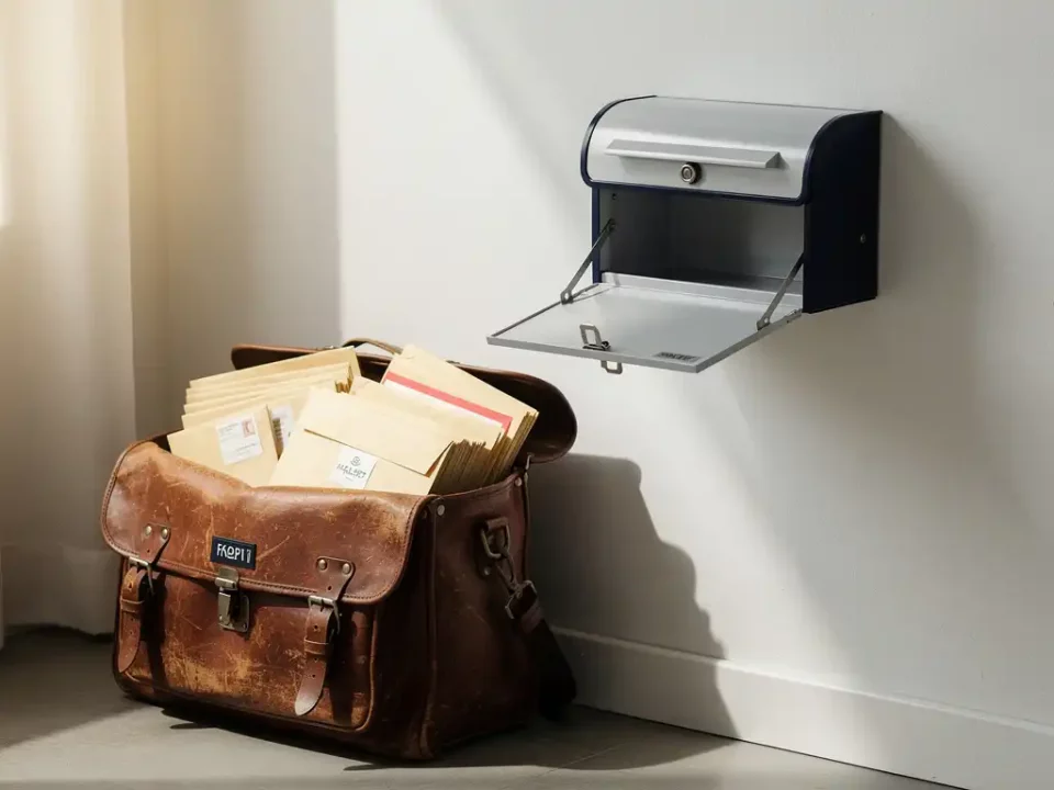 Worn leather postal bag overflowing with sealed envelopes beside an empty new mailbox on a white wall, symbolizing domain transition.