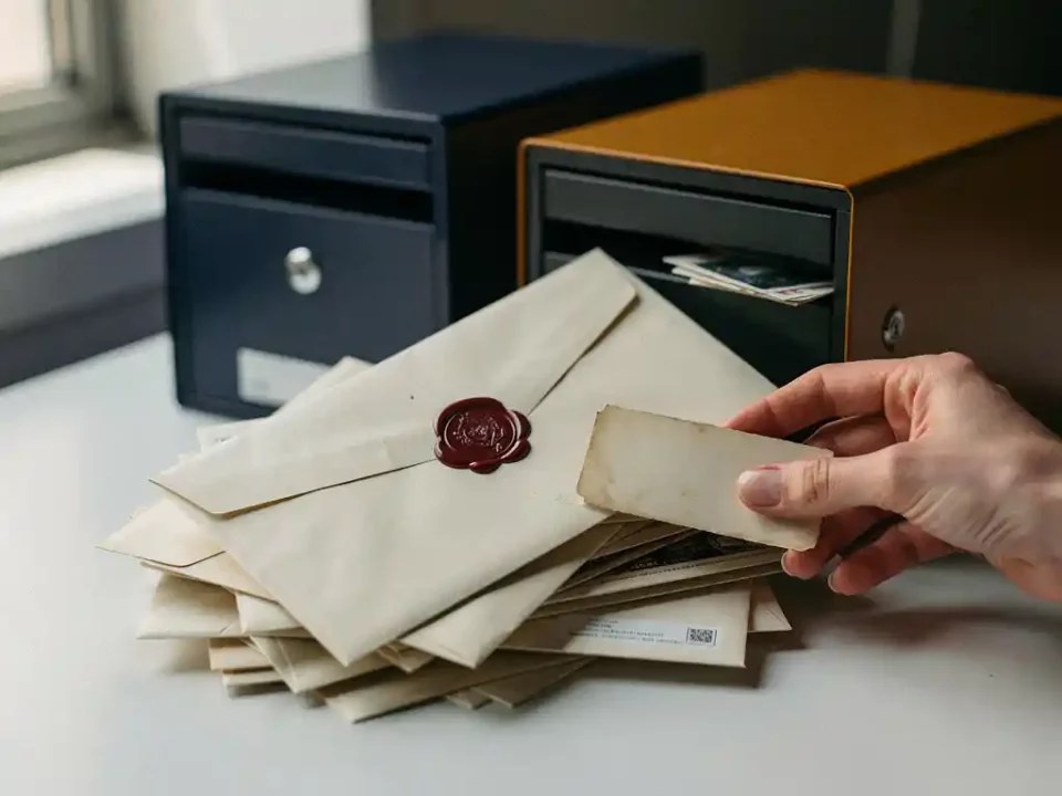 Tangled mail envelopes transferring between two office mailboxes, one with a wax seal being re-routed and an address label replaced, in soft natural light.
