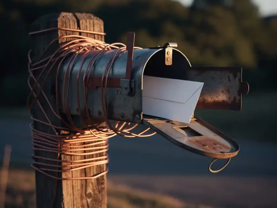 Weathered metal mailbox on a wooden post, door open with a folded letter inside, copper wire pathways winding into the post in warm amber afternoon light.