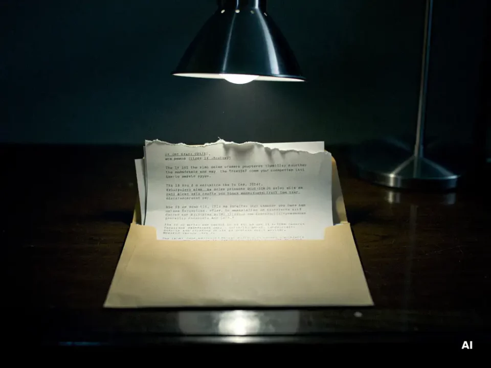 Sealed manila envelope torn open on a dark desk, revealing printed email threads under a focused desk lamp with dramatic shadows.