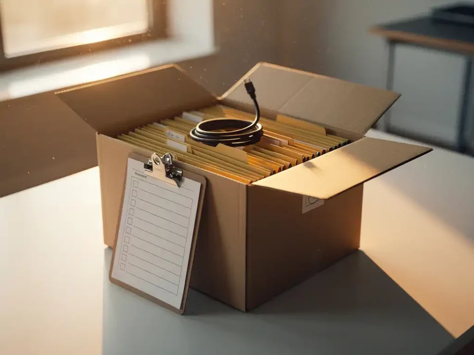Open moving box on a modern desk packed with labeled manila folders, coiled power cable, and a checklist clipboard in warm golden-hour light.