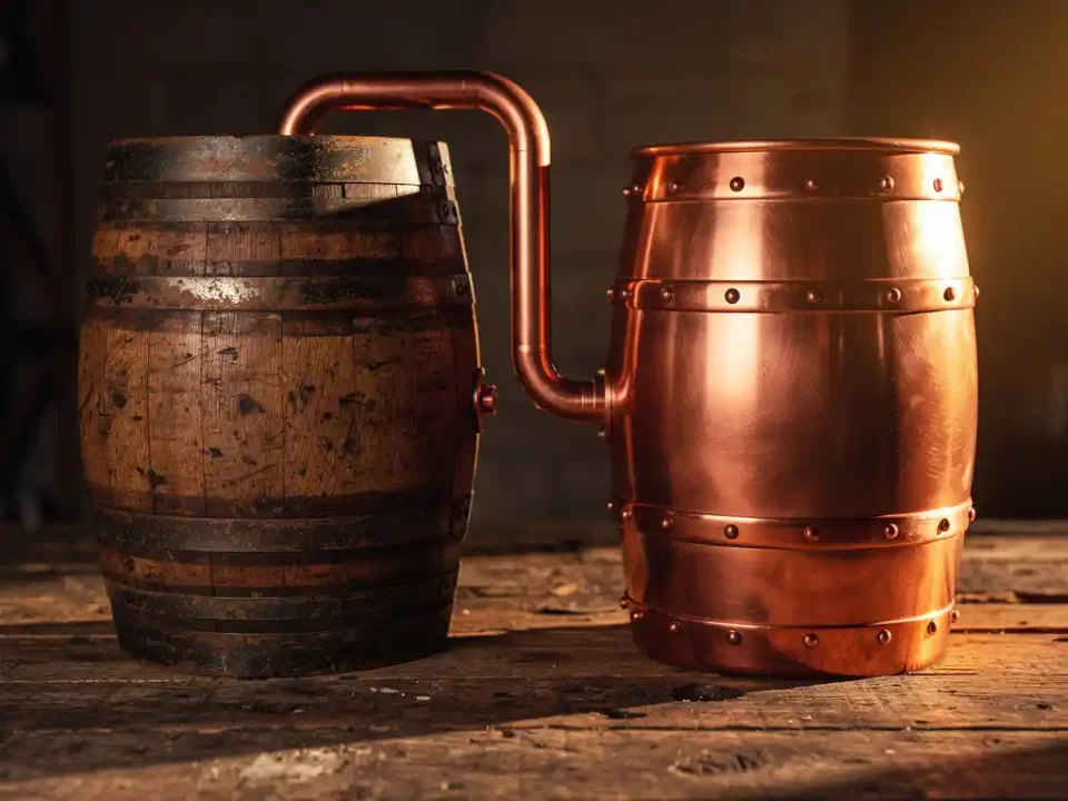 Weathered oak wine barrel with aging rings beside a polished copper barrel, connected by a copper pipe on a rustic wooden surface.