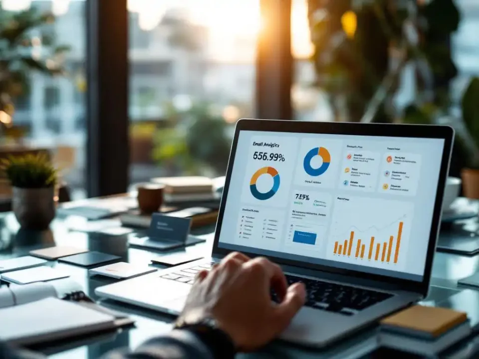 Business professional analyzing email analytics on laptop at modern glass office desk with agency portfolio and business cards