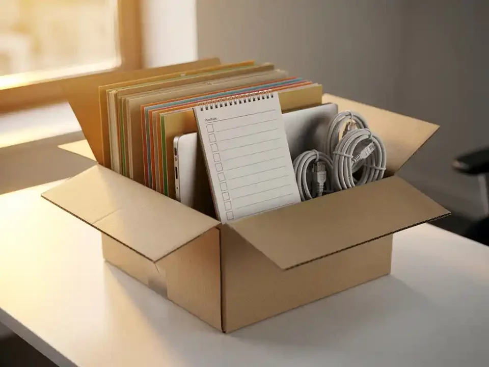 Open moving box on an office desk packed with folders, a laptop, ethernet cables, and a checklist notepad in warm golden light.