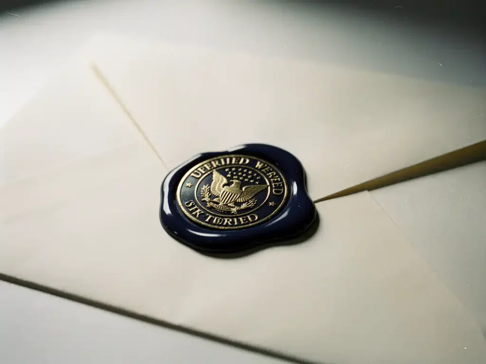 Navy wax seal with embossed brand stamp beside an open envelope on a white desk, lit to highlight gold and blue tones.