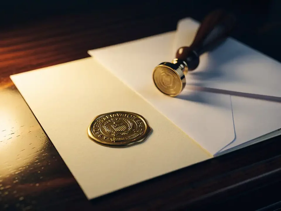 Official certification seal pressed into cream paper beside a white envelope on a walnut desk, with a wax stamp tool and warm golden light.