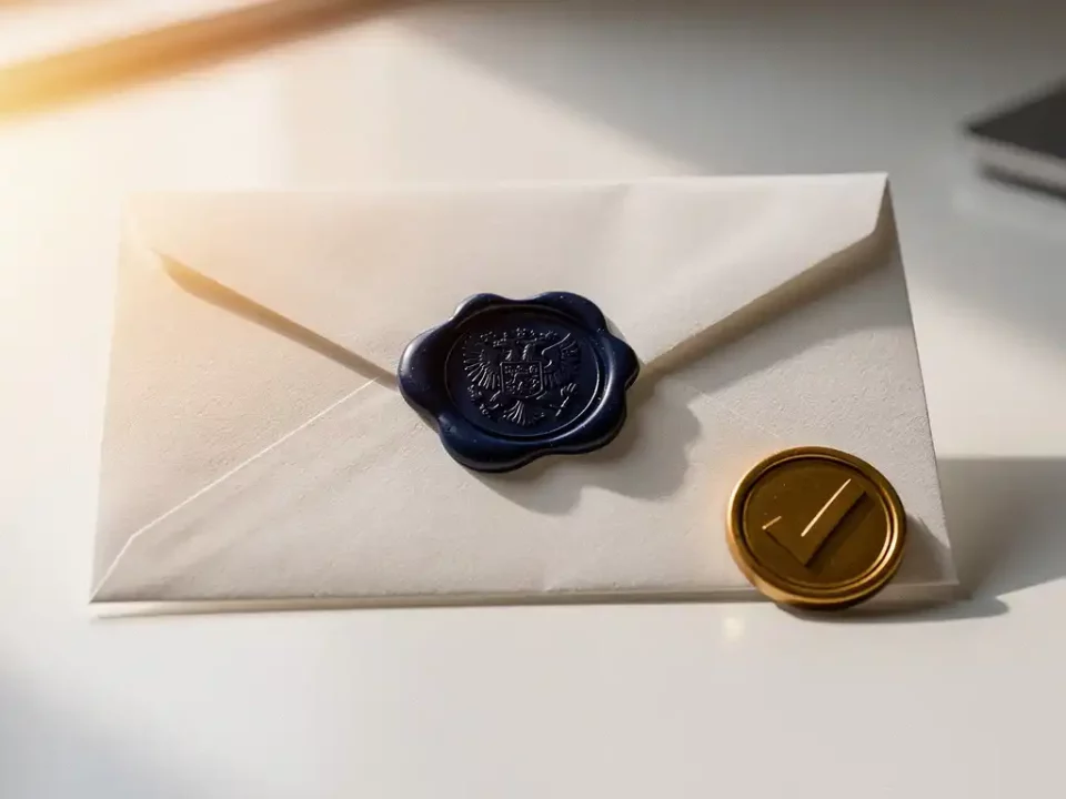 Sealed navy envelope with gold wax stamp on a modern desk beside a verified badge medallion, lit by warm natural window light.