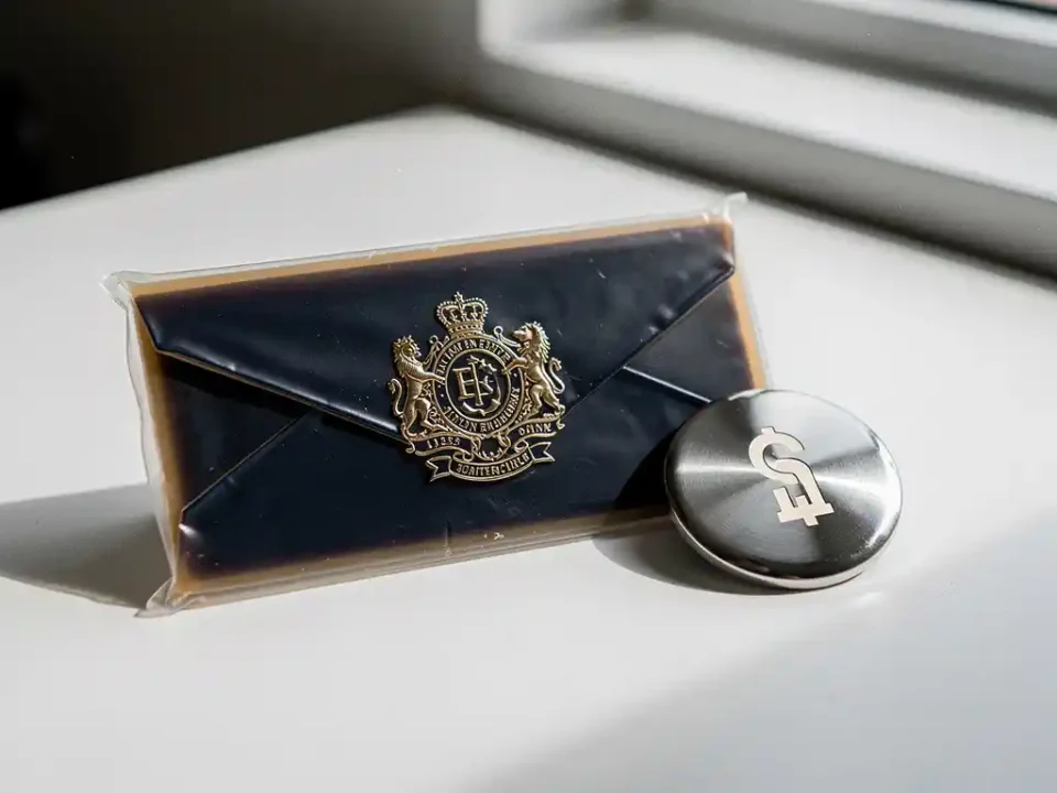 Sealed wax envelope with embossed crest beside a polished metal authentication badge on a white desk, navy and gold tones.