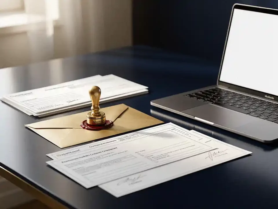 Gold wax seal stamp pressed onto envelope on modern desk, laptop showing empty inbox and authentication paperwork nearby.