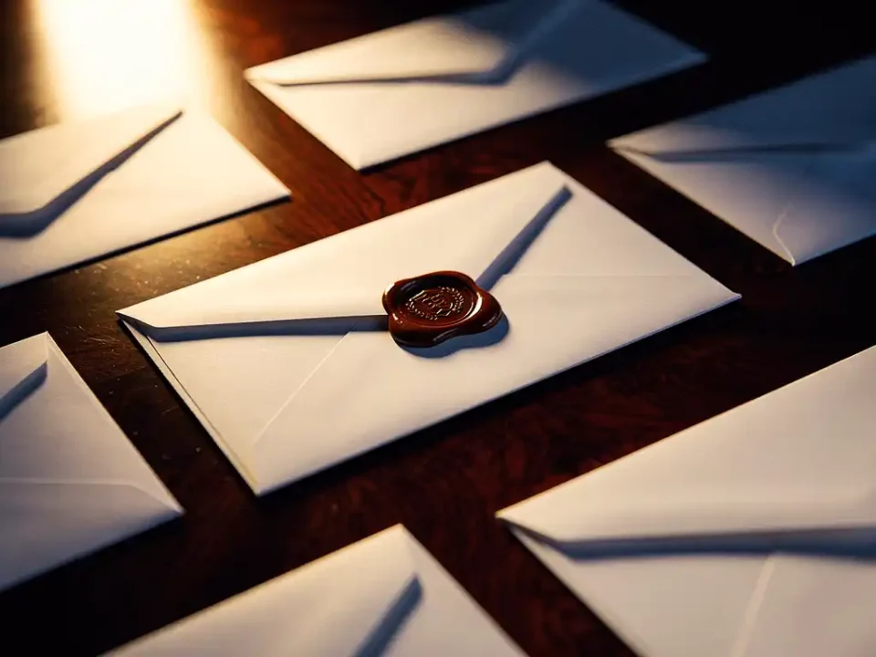 Official wax seal pressed onto a white envelope on a mahogany desk, surrounded by scattered envelopes in warm amber and navy lighting.