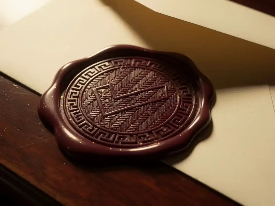 Official wax seal embossed with a verified checkmark on cream paper beside an open envelope, lit by warm golden lamplight on a mahogany desk.