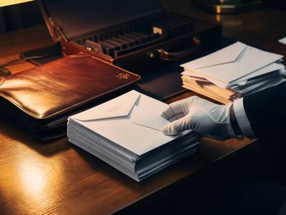 White-gloved hand sorting stacked envelopes on a polished oak desk toward an open leather briefcase under warm amber lamplight.