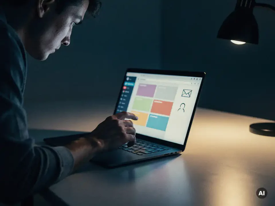 Person leaning toward laptop displaying an open email inbox, hand poised over keyboard, dimly lit modern desk with amber lamp glow.