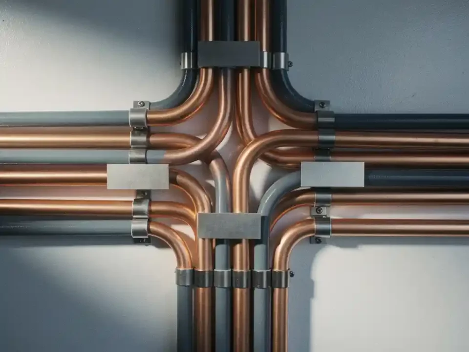 Tangled postal pipes and labeled metal tubes merging into a single copper main line on a matte white server-room wall.