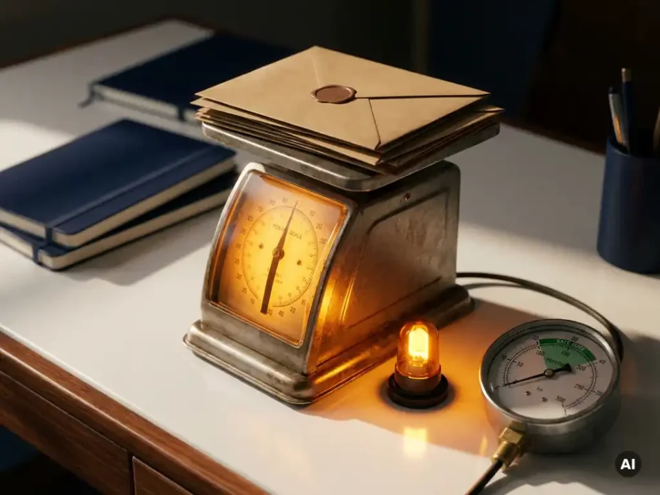 Postal scale glowing amber weighing a stack of sealed envelopes on a white desk, with a monitoring gauge nearby in navy and warm amber tones.