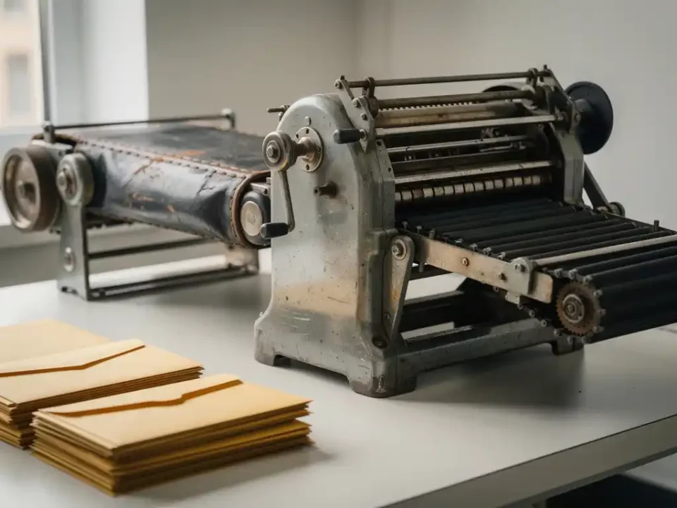 Weathered postal sorting machine on a workbench with a new conveyor belt beside a worn one, amber envelopes stacked nearby.