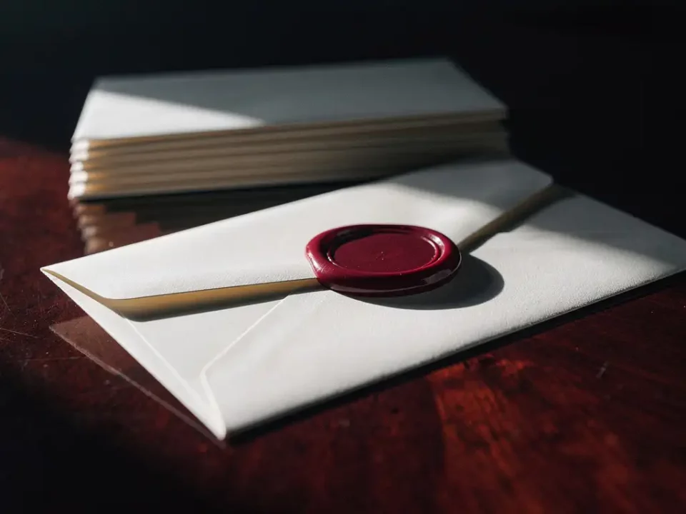 Red wax seal pressing onto a white envelope on dark mahogany, stacked envelopes halted behind it, dramatic side lighting with sharp shadows.