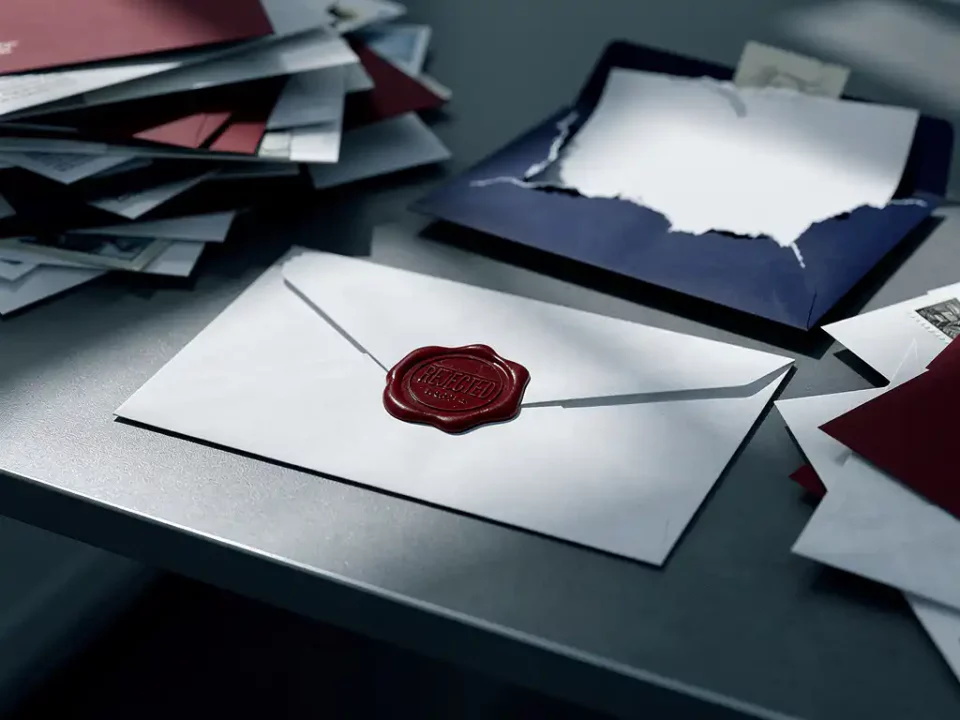 Sealed envelope stamped REJECTED in red wax on a desk, surrounded by undelivered mail and a torn-open envelope with blank contents.